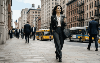 Stylish woman walking down street to dinner