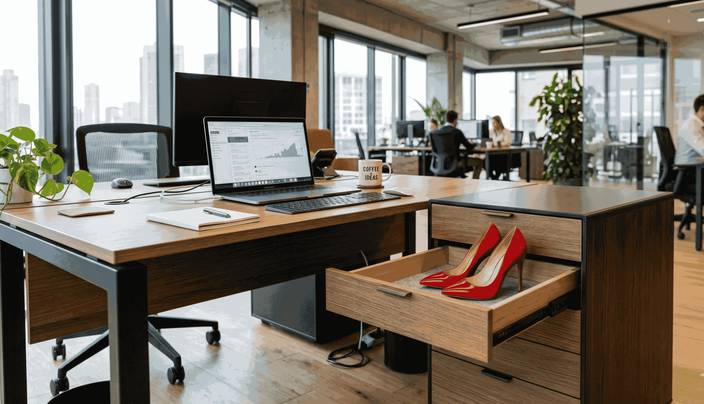 Heels in office drawer for desk to dinner fashion switch