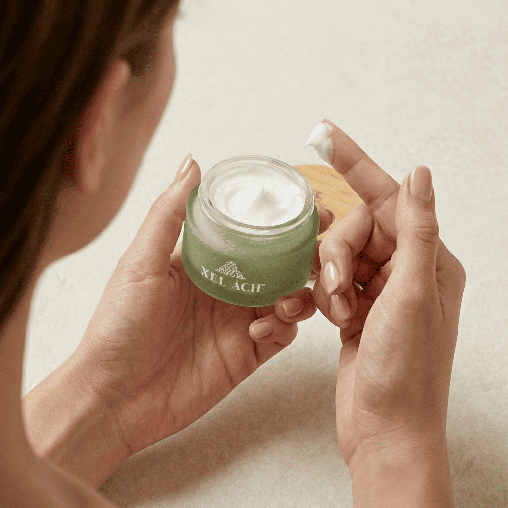 Woman dipping her finger into jar of Xel Ach face cream